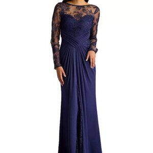 Tadashi Shoji Notte Blue Floral Embroidery Long Sleeve Gown